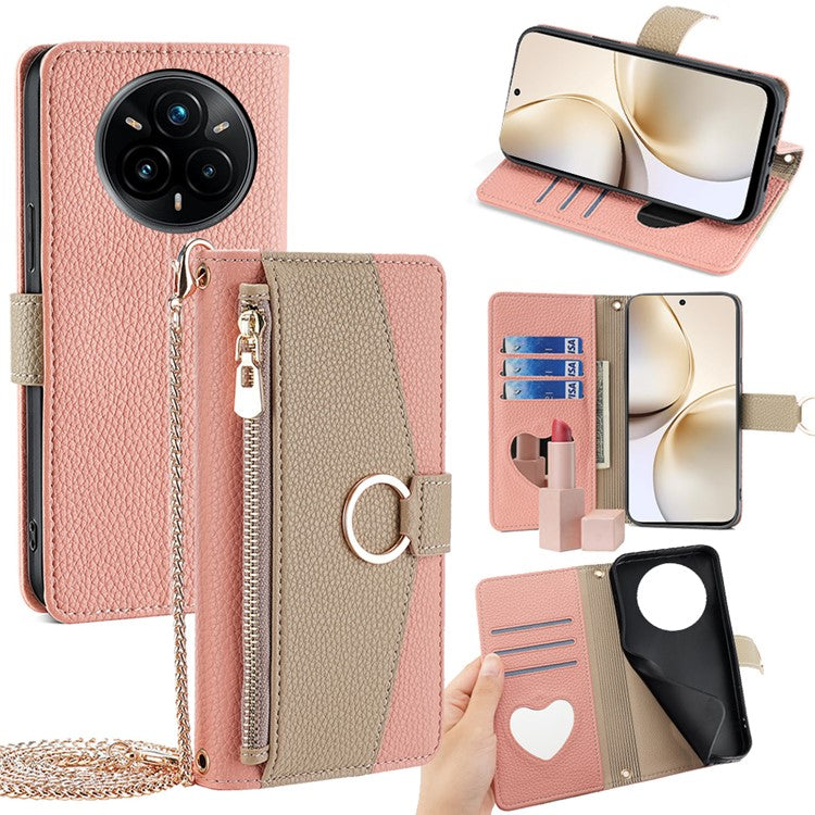 For Realme 14 Pro+ 5G Case Mirror Wallet Leather Phone Cover with Chain Shoulder Strap - Pink
