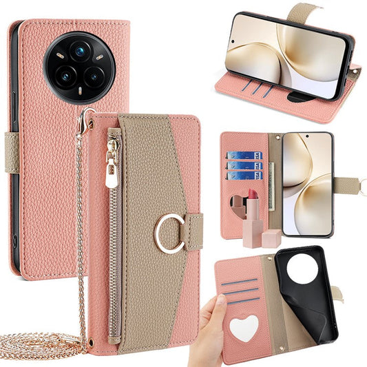 For Realme 14 Pro+ 5G Case Mirror Wallet Leather Phone Cover with Chain Shoulder Strap - Pink