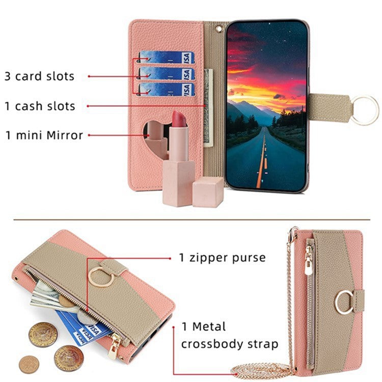 For Realme 14 Pro+ 5G Case Mirror Wallet Leather Phone Cover with Chain Shoulder Strap - Pink