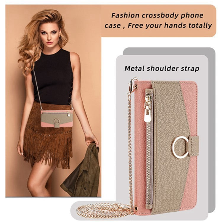 For Realme 14 Pro+ 5G Case Mirror Wallet Leather Phone Cover with Chain Shoulder Strap - Pink