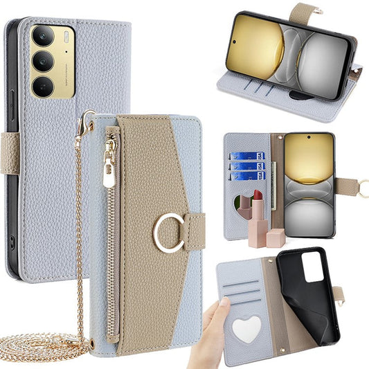 For Realme C75 / 14x 5G Case Mirror Wallet Leather Phone Cover with Chain Shoulder Strap - Blue