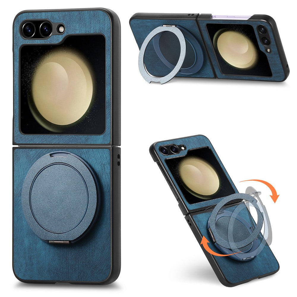 For Samsung Galaxy Z Flip7 FE 5G / Z Flip6 5G Phone Case with Rotating Kickstand Stress Relief Retro Leather Back Cover - Blue