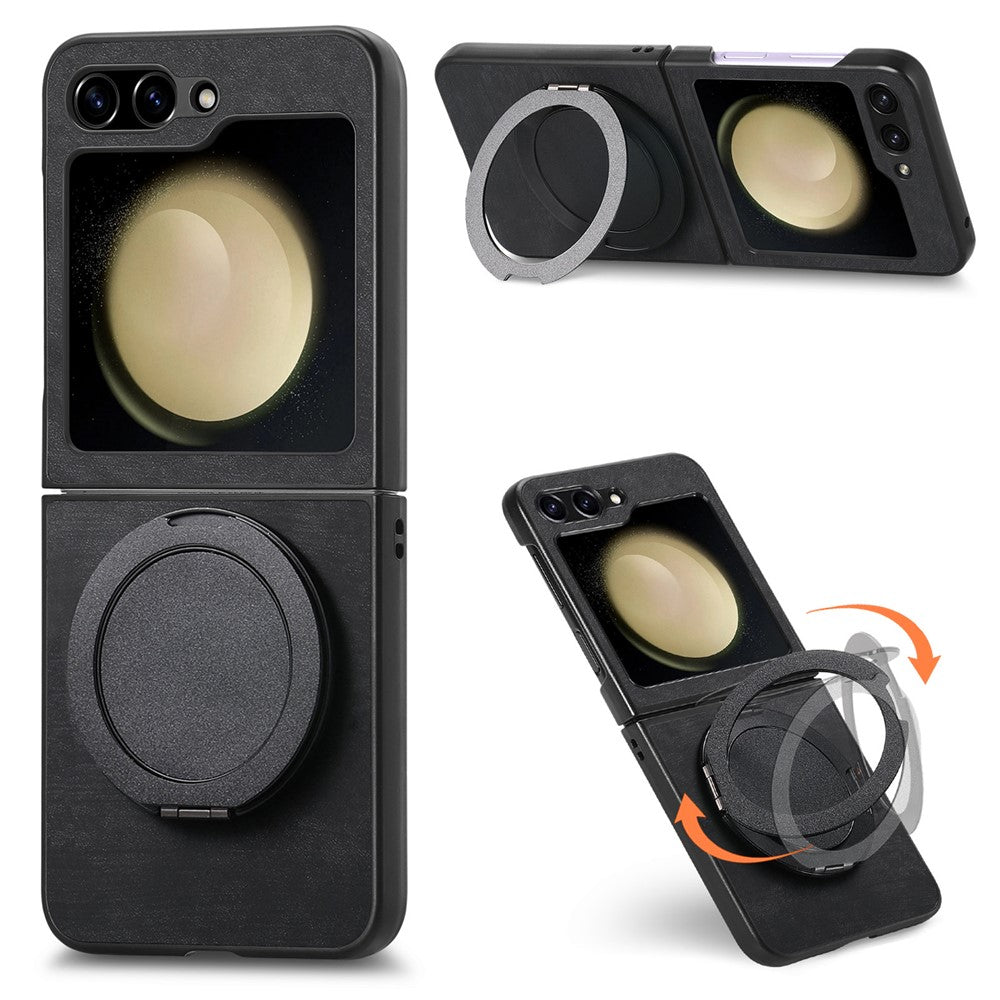 For Samsung Galaxy Z Flip7 FE 5G / Z Flip6 5G Phone Case with Rotating Kickstand Stress Relief Retro Leather Back Cover - Black