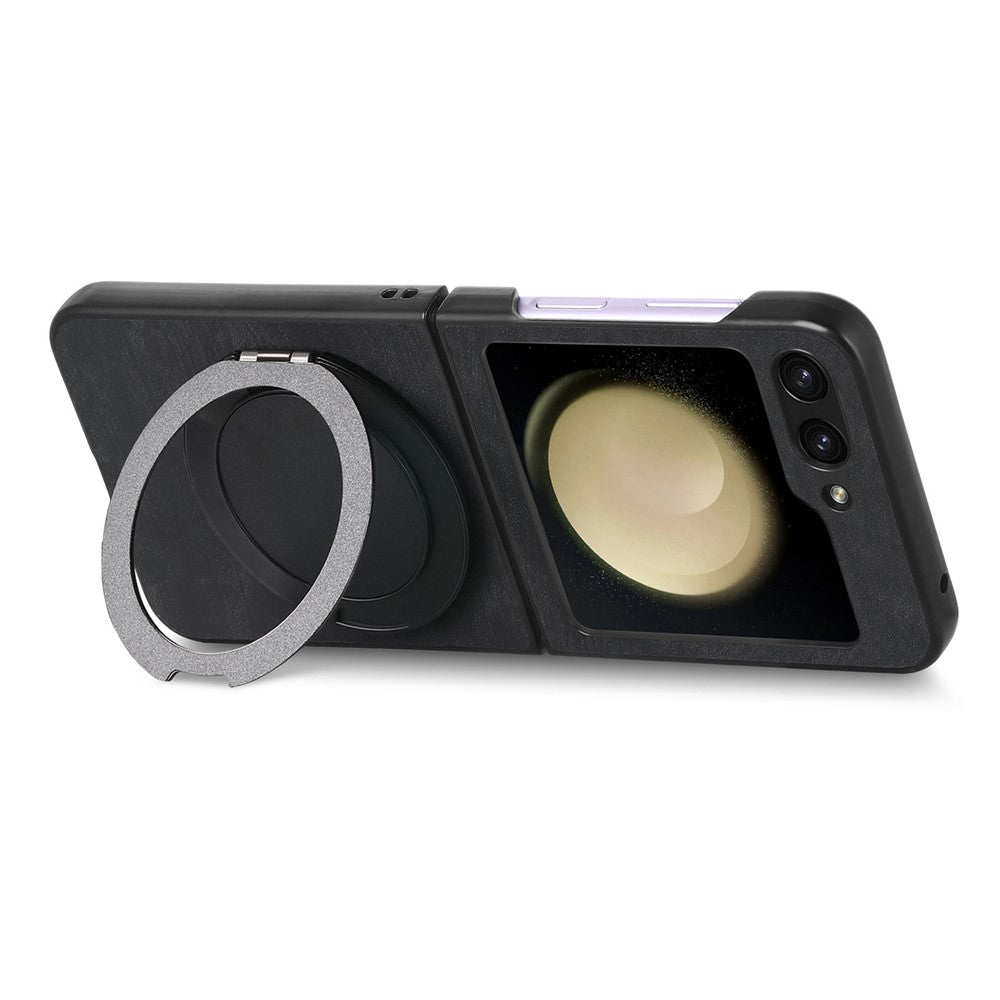 For Samsung Galaxy Z Flip7 FE 5G / Z Flip6 5G Phone Case with Rotating Kickstand Stress Relief Retro Leather Back Cover - Black