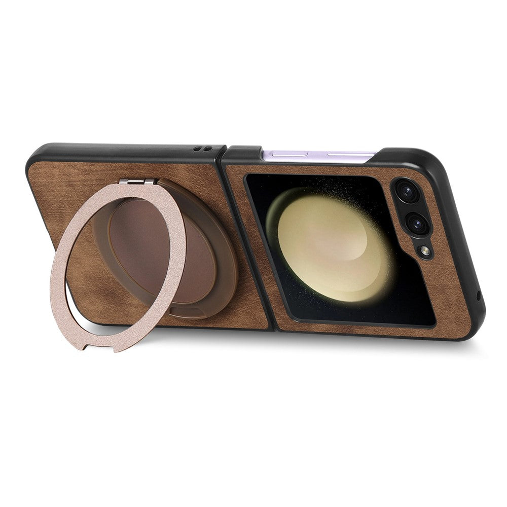 For Samsung Galaxy Z Flip7 FE 5G / Z Flip6 5G Phone Case with Rotating Kickstand Stress Relief Retro Leather Back Cover - Brown