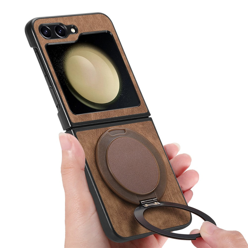 For Samsung Galaxy Z Flip7 FE 5G / Z Flip6 5G Phone Case with Rotating Kickstand Stress Relief Retro Leather Back Cover - Brown