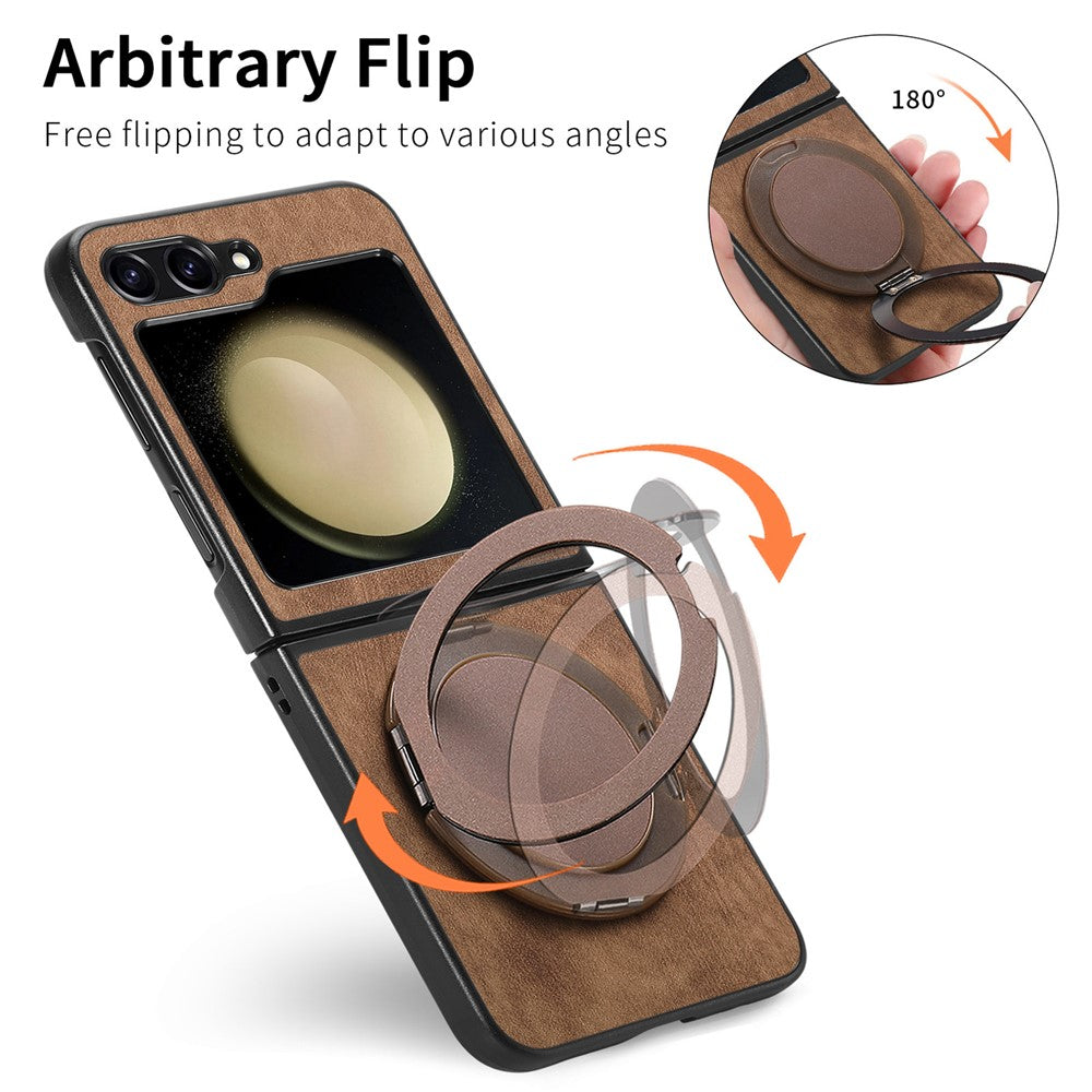 For Samsung Galaxy Z Flip7 FE 5G / Z Flip6 5G Phone Case with Rotating Kickstand Stress Relief Retro Leather Back Cover - Brown