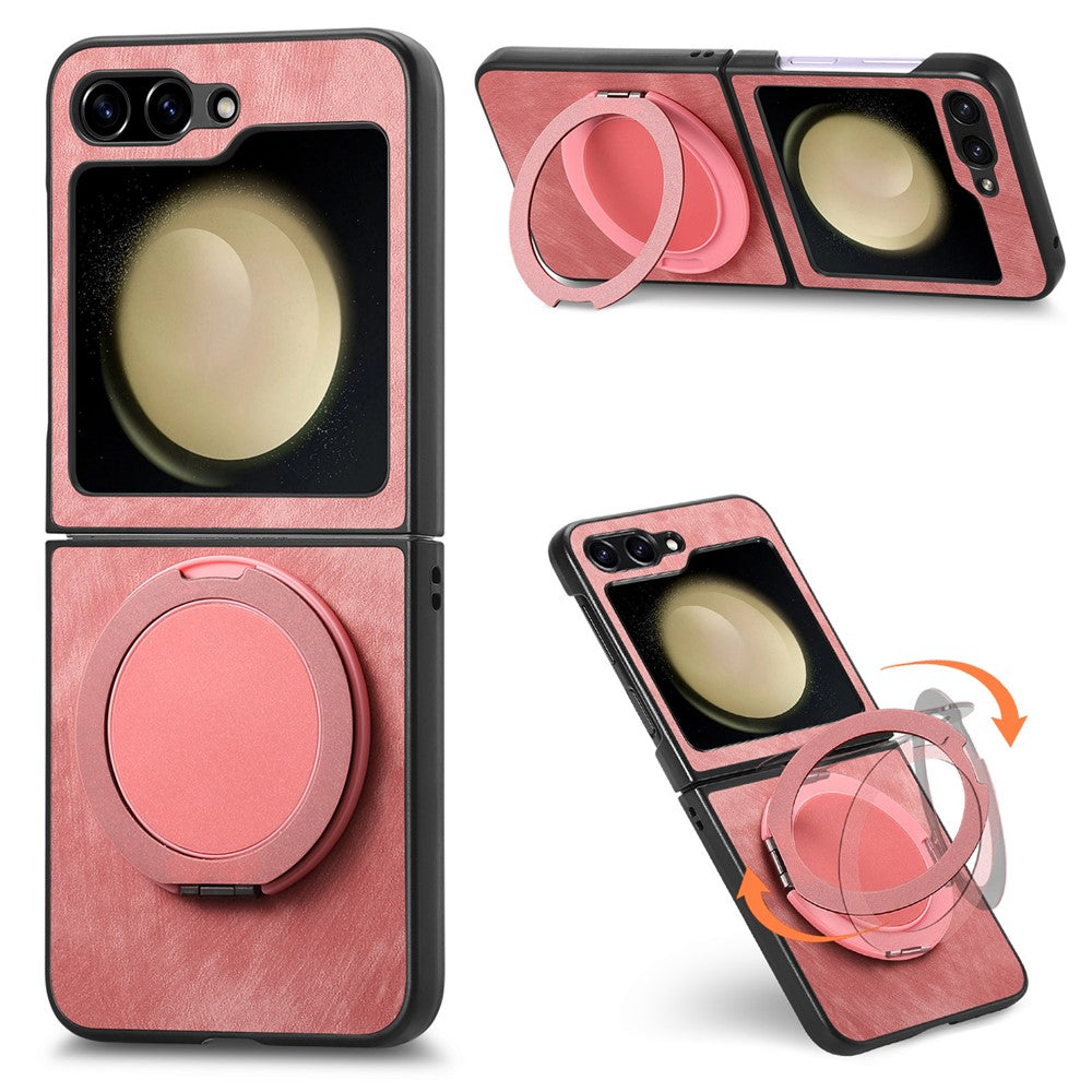 For Samsung Galaxy Z Flip7 FE 5G / Z Flip6 5G Phone Case with Rotating Kickstand Stress Relief Retro Leather Back Cover - Pink