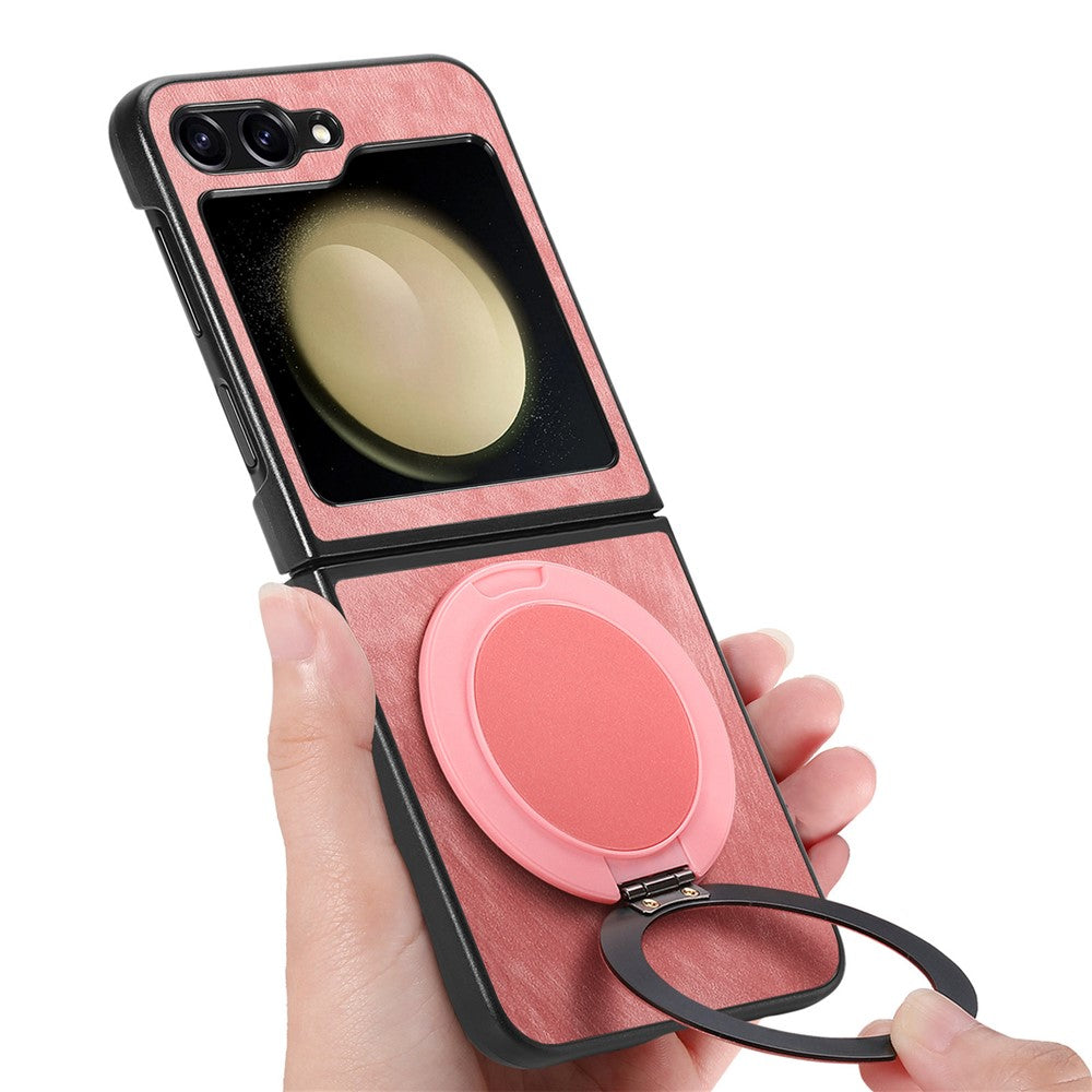 For Samsung Galaxy Z Flip7 FE 5G / Z Flip6 5G Phone Case with Rotating Kickstand Stress Relief Retro Leather Back Cover - Pink