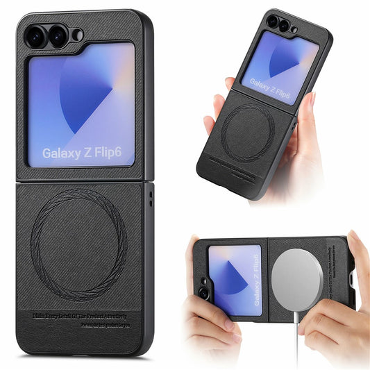 For Samsung Galaxy Z Flip7 FE 5G / Z Flip6 5G Case Compatible with MagSafe Denim Texture Leather Back Cover - Black