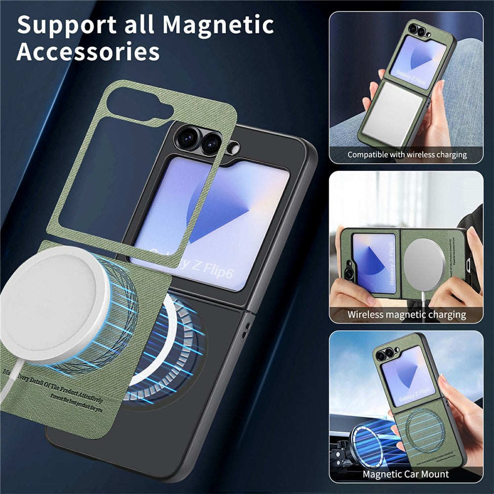 For Samsung Galaxy Z Flip7 FE 5G / Z Flip6 5G Case Compatible with MagSafe Denim Texture Leather Back Cover - Green