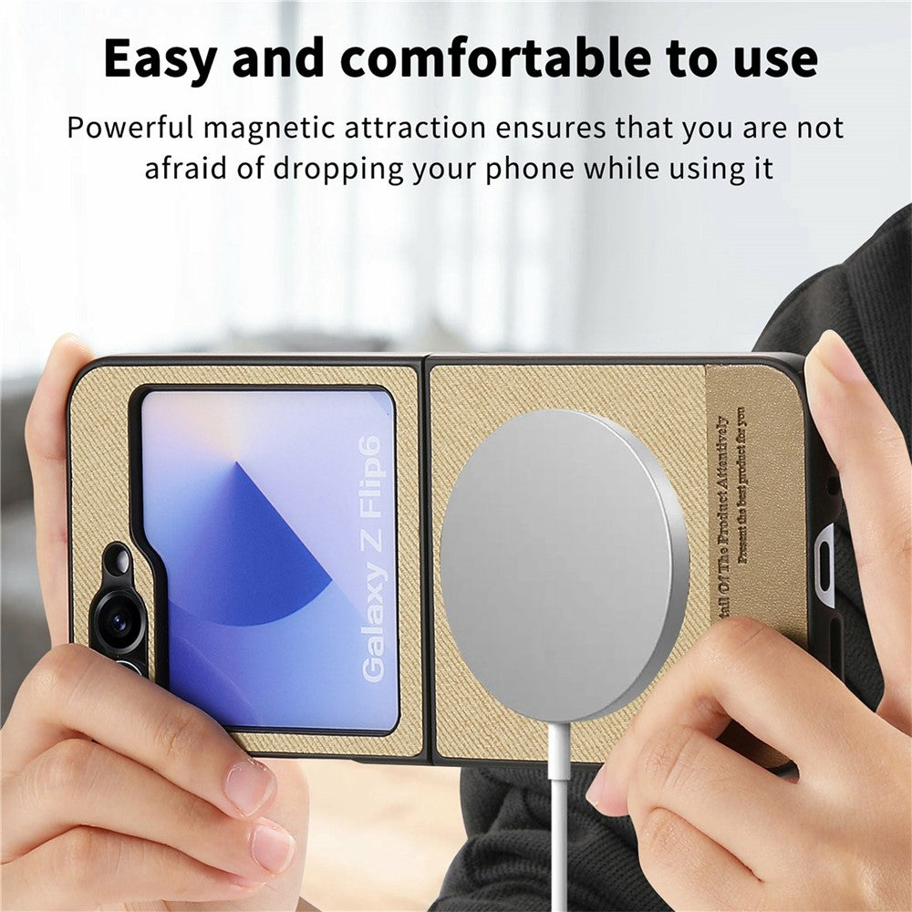 For Samsung Galaxy Z Flip7 FE 5G / Z Flip6 5G Case Compatible with MagSafe Denim Texture Leather Back Cover - Khaki