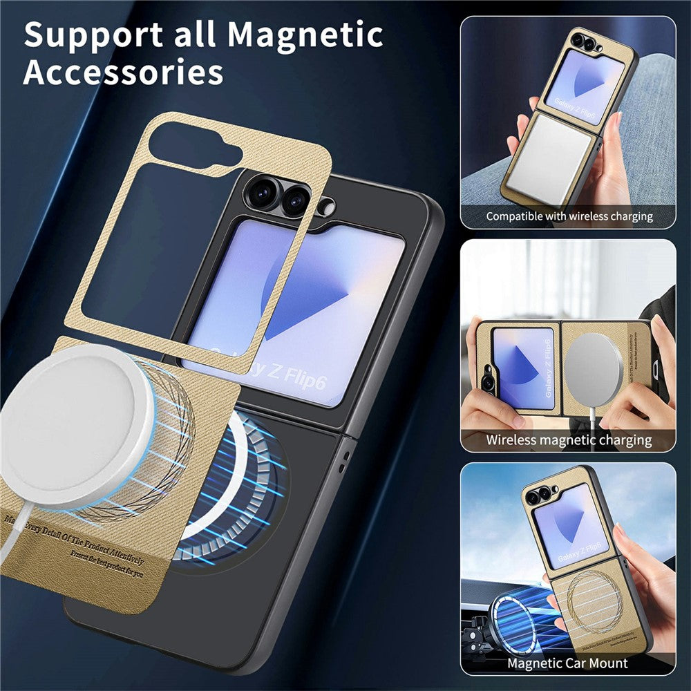For Samsung Galaxy Z Flip7 FE 5G / Z Flip6 5G Case Compatible with MagSafe Denim Texture Leather Back Cover - Khaki