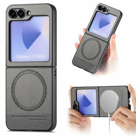 For Samsung Galaxy Z Flip7 FE 5G / Z Flip6 5G Case Compatible with MagSafe Denim Texture Leather Back Cover - Grey