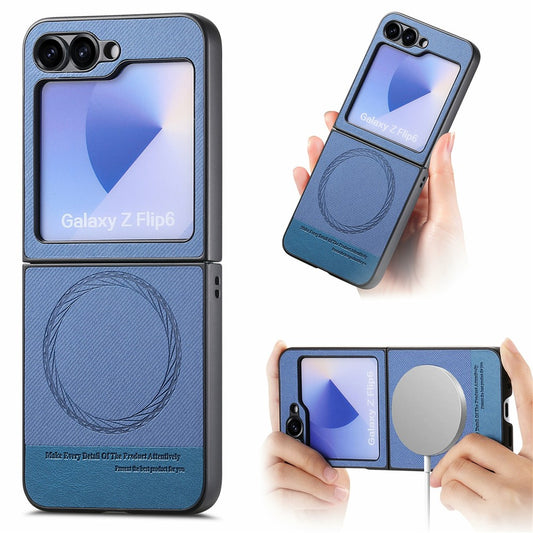 For Samsung Galaxy Z Flip7 FE 5G / Z Flip6 5G Case Compatible with MagSafe Denim Texture Leather Back Cover - Blue