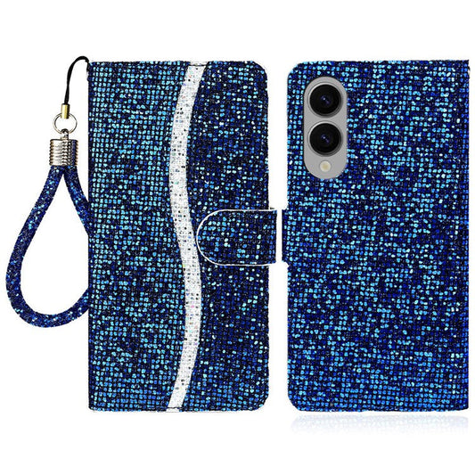 For Samsung Galaxy S25 Edge Case PU Leather Wallet Card Slots Glitter Phone Cover - Blue