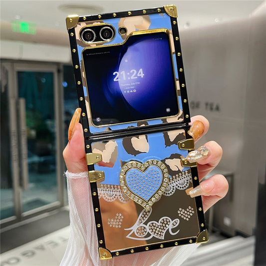 For Samsung Galaxy Z Flip7 FE 5G / Z Flip6 5G Case Heart Pattern Electroplating TPU + PC Phone Cover with Kickstand - Blue