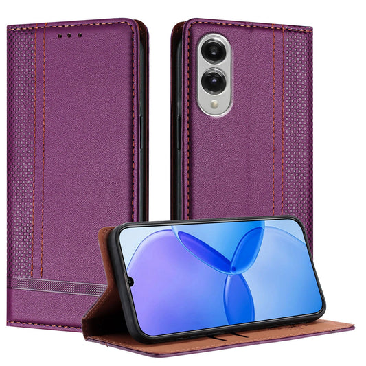 For Samsung Galaxy S25 Edge Case L-Shaped Grid Pattern Leather Stand Phone Cover with Card Slots - Purple