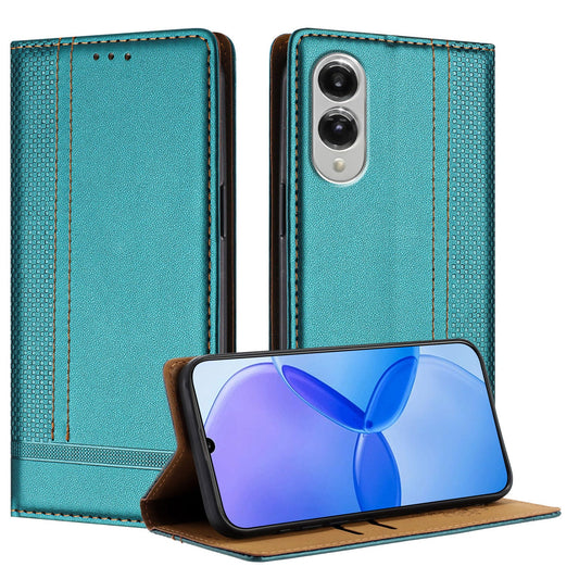 For Samsung Galaxy S25 Edge Case L-Shaped Grid Pattern Leather Stand Phone Cover with Card Slots - Green