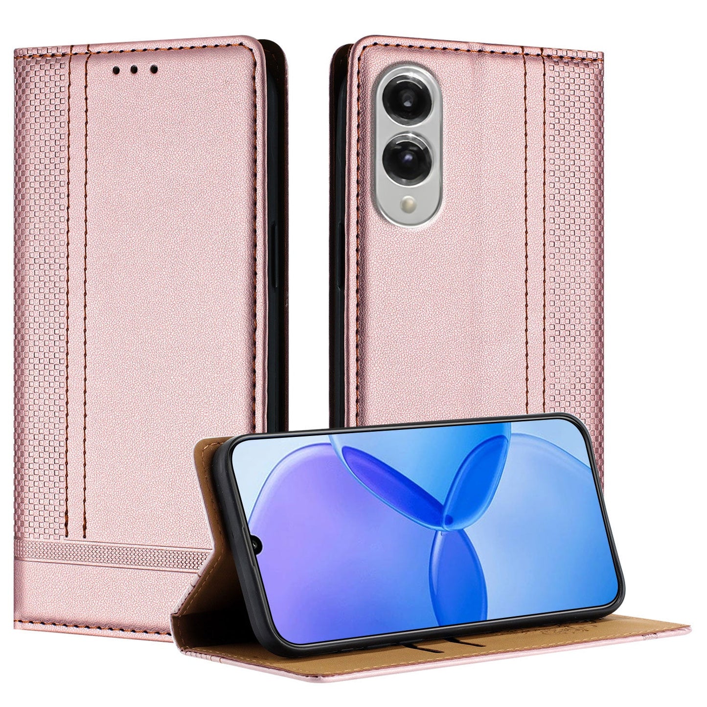 For Samsung Galaxy S25 Edge Case L-Shaped Grid Pattern Leather Stand Phone Cover with Card Slots - Rose Gold