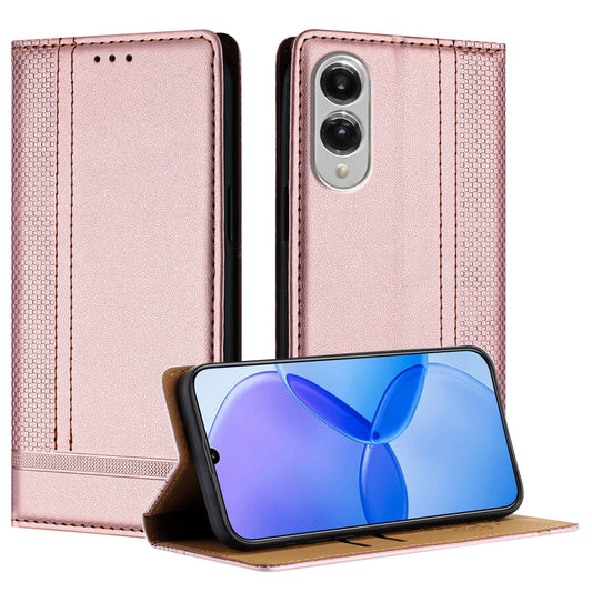 For Samsung Galaxy S25 Edge Case L-Shaped Grid Pattern Leather Stand Phone Cover with Card Slots - Rose Gold