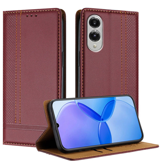 For Samsung Galaxy S25 Edge Case L-Shaped Grid Pattern Leather Stand Phone Cover with Card Slots - Wine Red