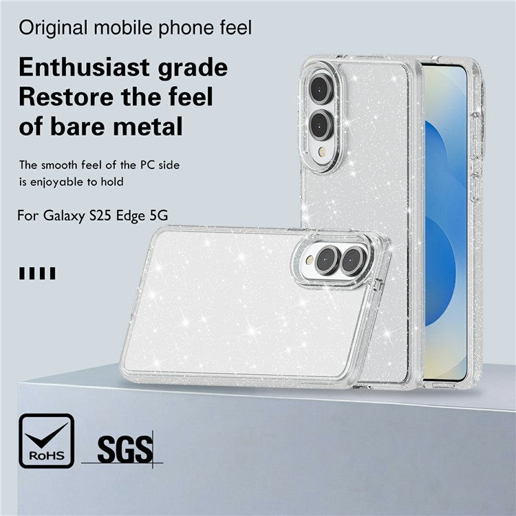 For Samsung Galaxy S25 Edge Case Sparkly Powder Glitter Shiny Soft TPU + Hard PC Back Cover - White