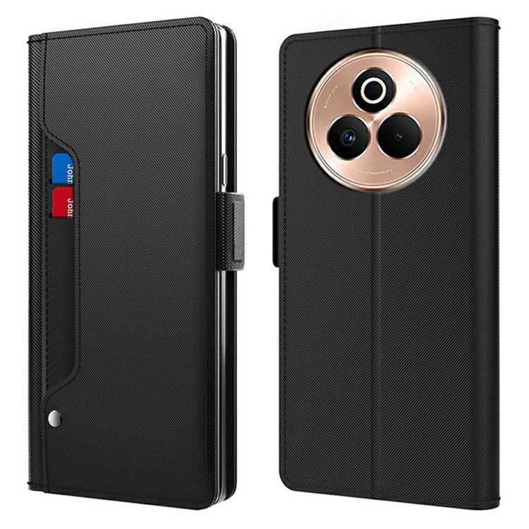 For Realme P3 Pro 5G Case Stand PU Leather Phone Cover Card Holder Mirror - Black