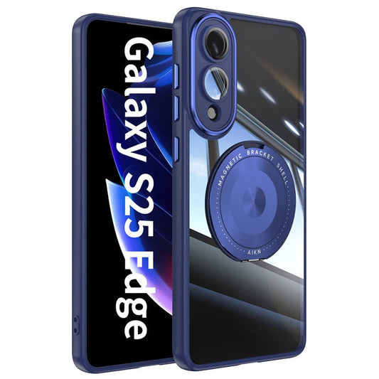 For Samsung Galaxy S25 Edge Magnetic Case PC + TPU Phone Cover with Rotating Metal Kickstand, Lens Protector - Blue