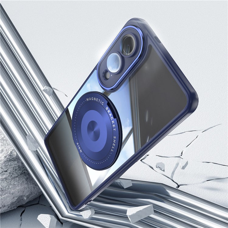 For Samsung Galaxy S25 Edge Magnetic Case PC + TPU Phone Cover with Rotating Metal Kickstand, Lens Protector - Blue