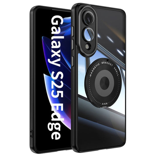 For Samsung Galaxy S25 Edge Magnetic Case PC + TPU Phone Cover with Rotating Metal Kickstand, Lens Protector - Black