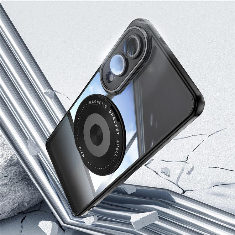 For Samsung Galaxy S25 Edge Magnetic Case PC + TPU Phone Cover with Rotating Metal Kickstand, Lens Protector - Black