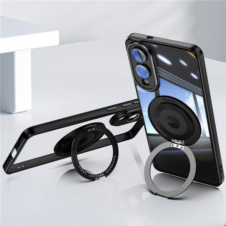 For Samsung Galaxy S25 Edge Magnetic Case PC + TPU Phone Cover with Rotating Metal Kickstand, Lens Protector - Black