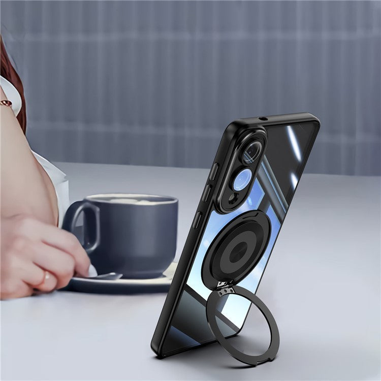For Samsung Galaxy S25 Edge Magnetic Case PC + TPU Phone Cover with Rotating Metal Kickstand, Lens Protector - Black