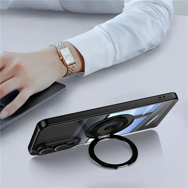 For Samsung Galaxy S25 Edge Magnetic Case PC + TPU Phone Cover with Rotating Metal Kickstand, Lens Protector - Black