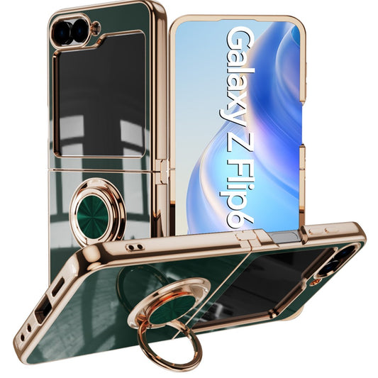 For Samsung Galaxy Z Flip7 FE 5G / Z Flip6 5G Case Precise Cutouts 6D Electroplating TPU Phone Cover with Ring Holder - Midnight Green