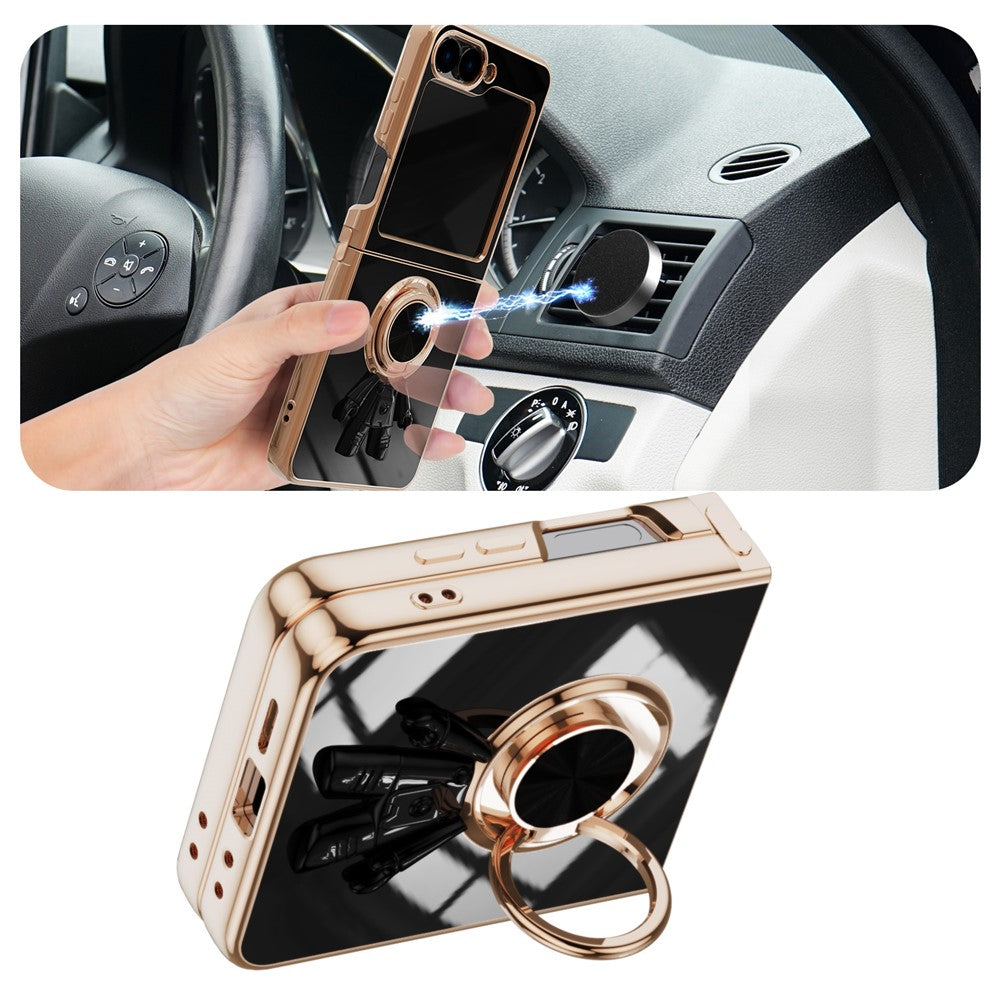 For Samsung Galaxy Z Flip7 FE 5G / Z Flip6 5G Case with Astronaut Ring Kickstand 6D Electroplating TPU Phone Cover - Black