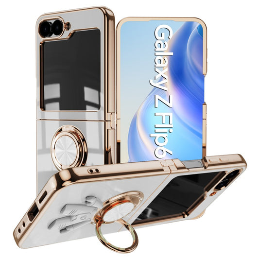 For Samsung Galaxy Z Flip7 FE 5G / Z Flip6 5G Case with Astronaut Ring Kickstand 6D Electroplating TPU Phone Cover - White