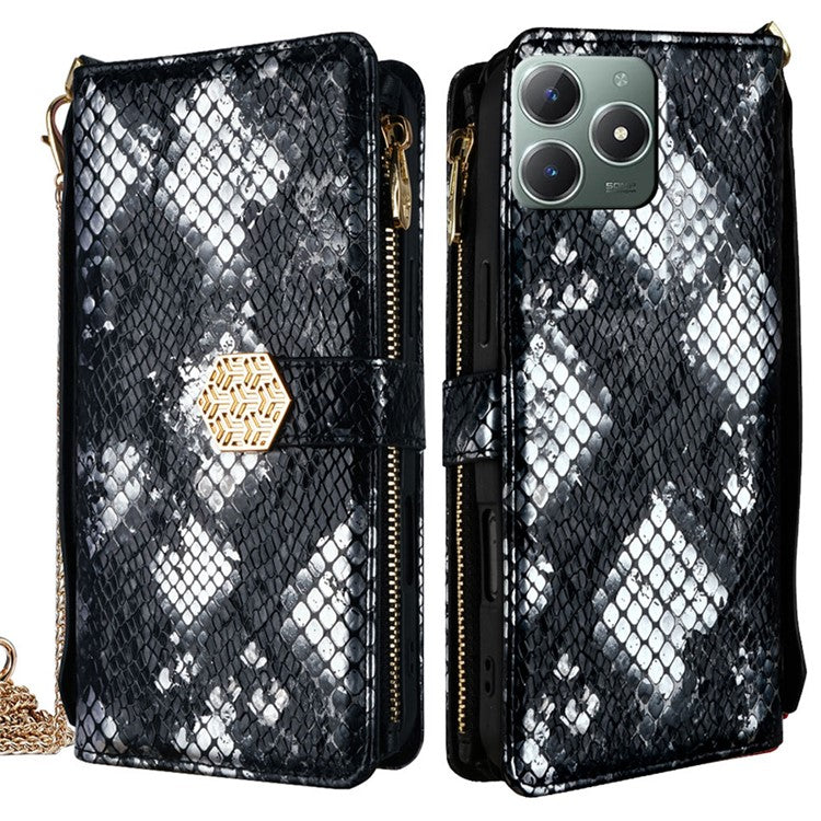 For Realme C61 4G Case Snake Skin Texture PU Leather Phone Wallet Cover with Shoulder Strap - Black