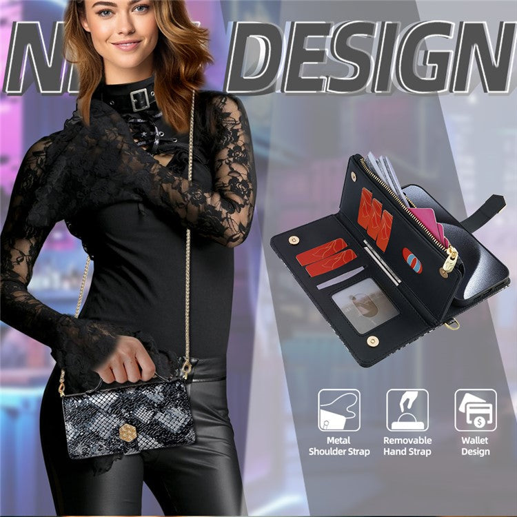 For Realme C61 4G Case Snake Skin Texture PU Leather Phone Wallet Cover with Shoulder Strap - Black