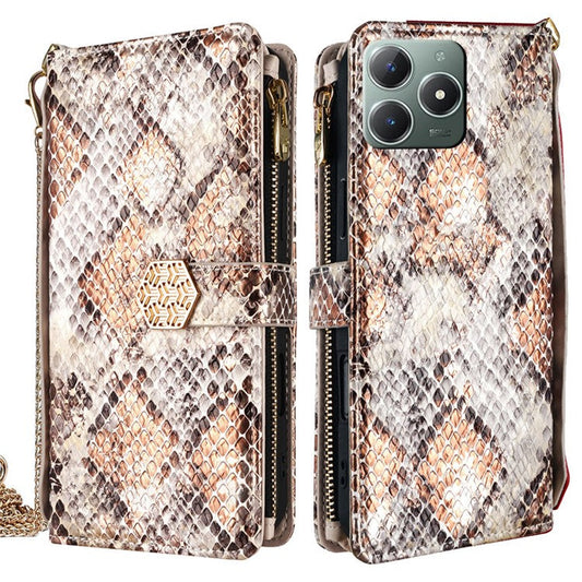 For Realme C61 4G Case Snake Skin Texture PU Leather Phone Wallet Cover with Shoulder Strap - White