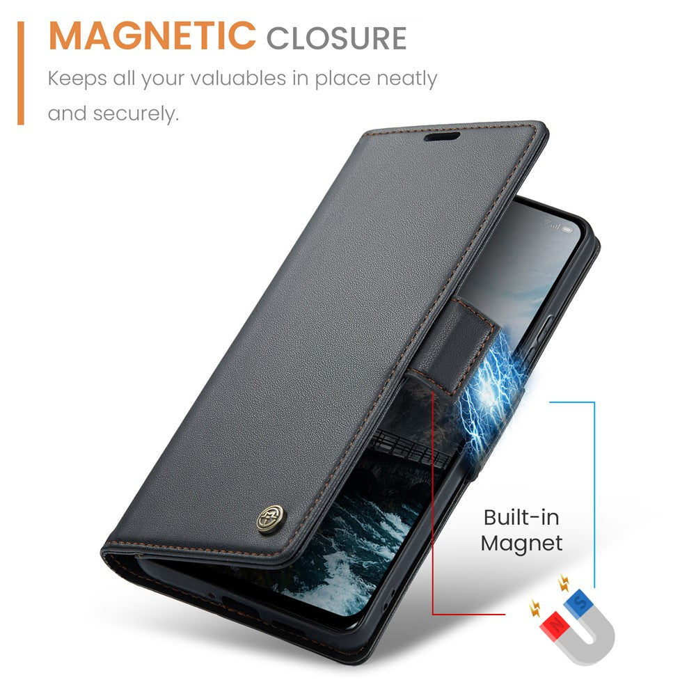 For Oppo Reno13 5G (Global) Case CASEME 023 Series RFID Blocking Leather Wallet Stand Phone Cover - Black