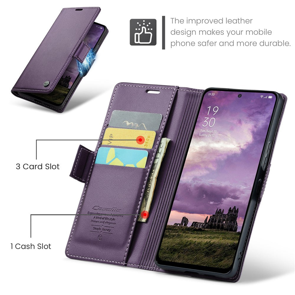 For Oppo Reno13 5G (Global) Case CASEME 023 Series RFID Blocking Leather Wallet Stand Phone Cover - Purple