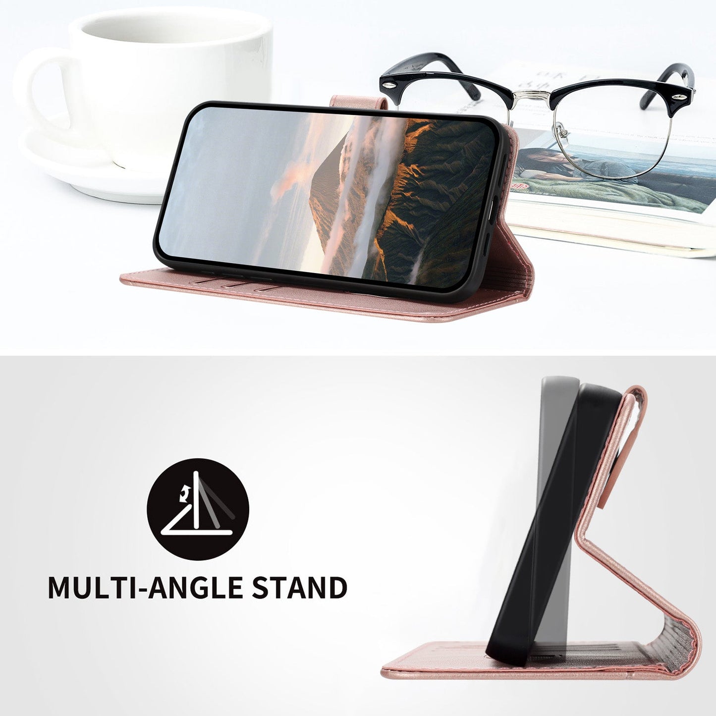 For Samsung Galaxy M06 5G / Galaxy F06 5G Case Triangle Imprint Leather Phone Cover with Lanyard - Rose Gold