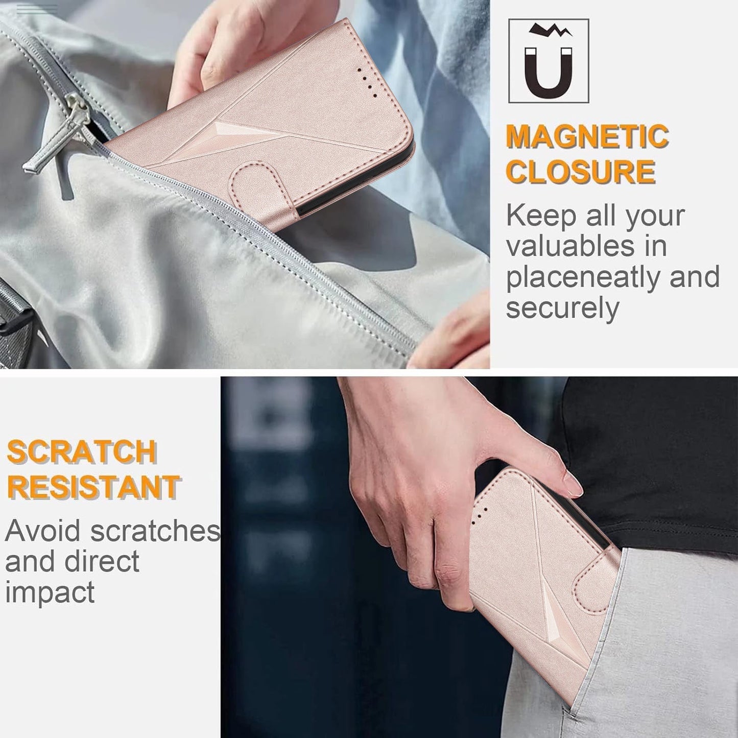 For Samsung Galaxy M06 5G / Galaxy F06 5G Case Triangle Imprint Leather Phone Cover with Lanyard - Rose Gold