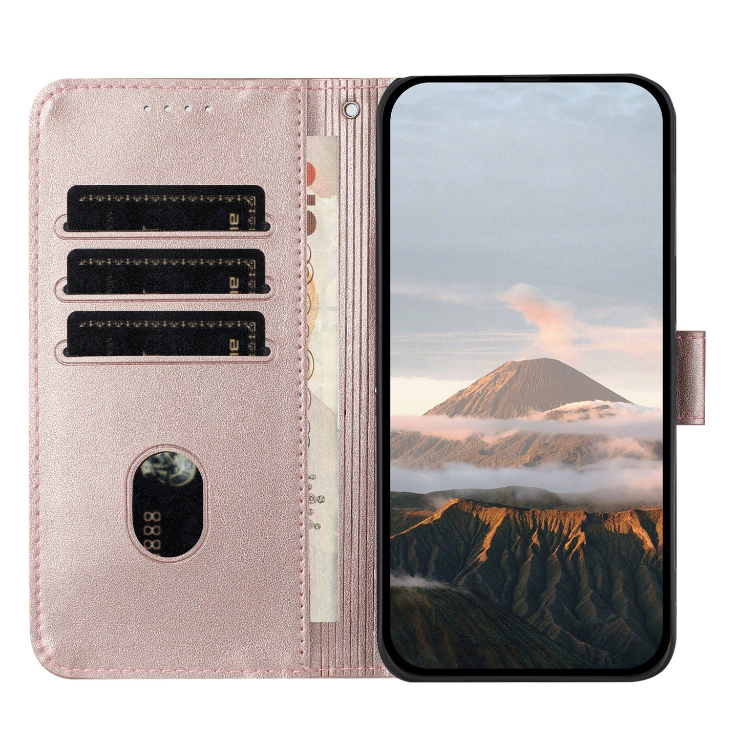 For Samsung Galaxy M06 5G / Galaxy F06 5G Case Triangle Imprint Leather Phone Cover with Lanyard - Rose Gold
