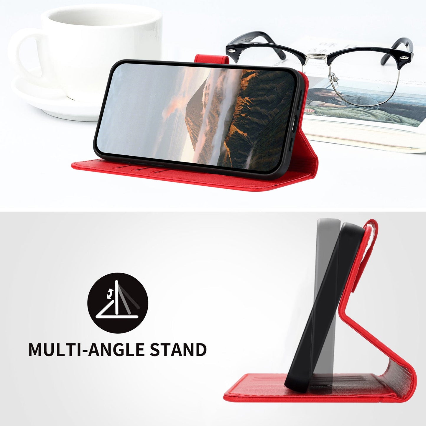For Samsung Galaxy M16 5G / Galaxy F16 5G Case Triangle Imprint Leather Phone Cover with Lanyard - Red