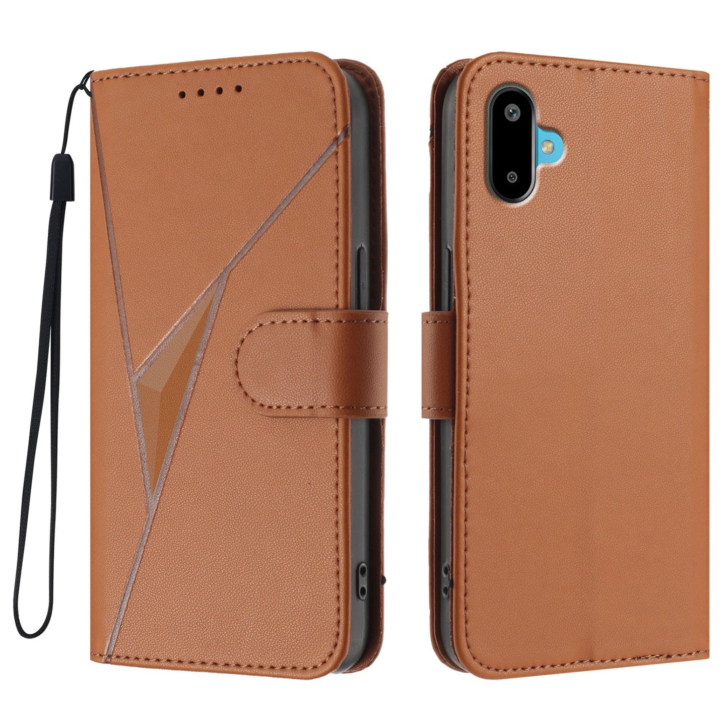 For Samsung Galaxy M16 5G / Galaxy F16 5G Case Triangle Imprint Leather Phone Cover with Lanyard - Coffee