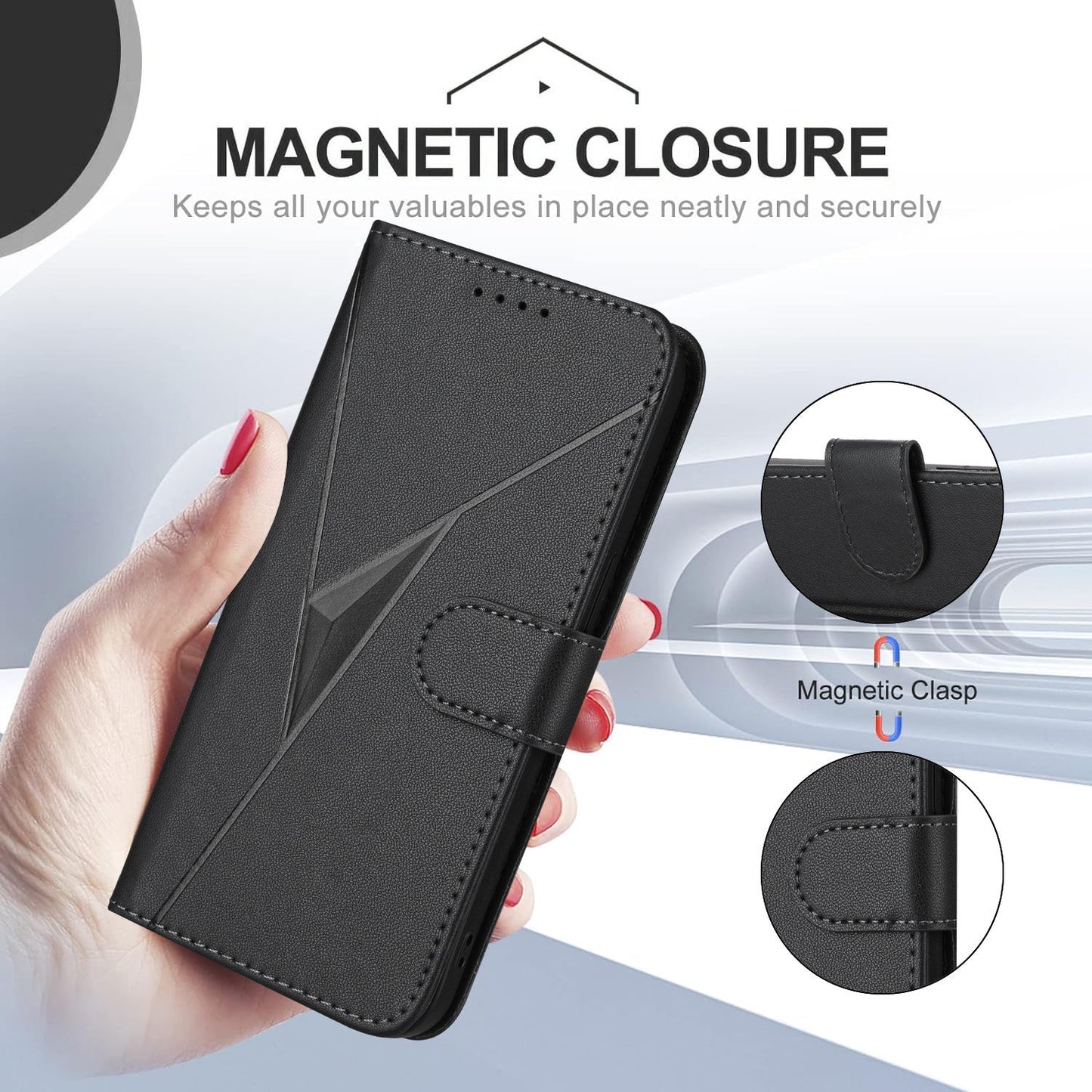 For Samsung Galaxy M16 5G / Galaxy F16 5G Case Triangle Imprint Leather Phone Cover with Lanyard - Black