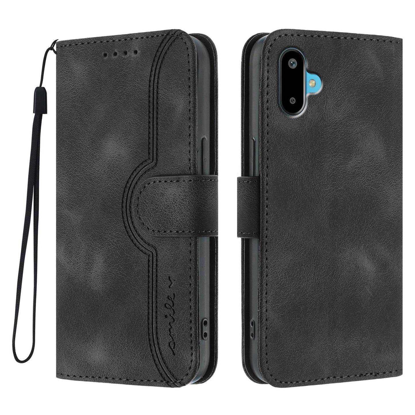 For Samsung Galaxy M06 5G / Galaxy F06 5G Leather Case Wallet Stand Smile Imprinted Phone Cover with Strap - Black